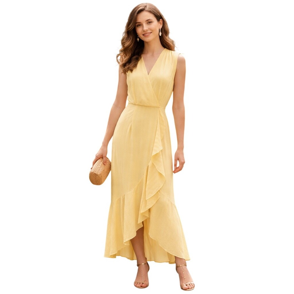 Maison Tara Women's Maison Tara Sleeveless Ruffle Wrap Midi Dress Yellow Size 12